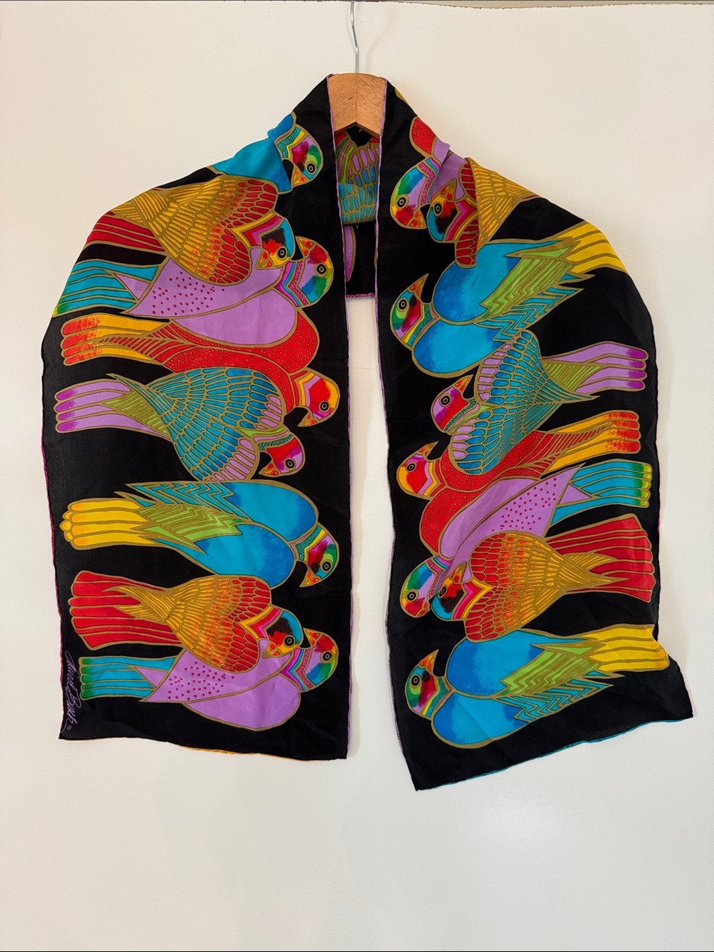 Vintage Laurel Burch 100% Silk Scarf tropical birds bright color 10x52 inches